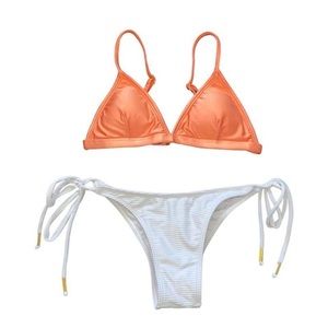 Peach orange pink triangle bikini set gold accents white scrunch butt swimsuit